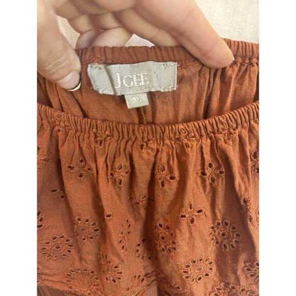 J Gee Eyelet Embroidered Ruffle Peasant Midi Dress Size XL Rust Forest Fairy - Picture 9 of 16